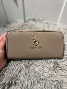 U.S. Polo Assn. Taupe Saffiano Zip Wallet with Gold Logo